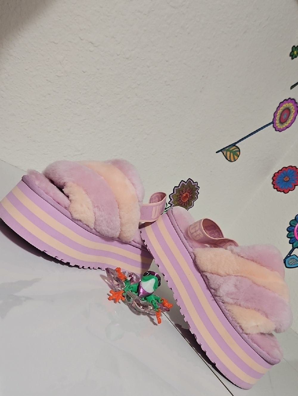 NWOT UGG Disco Stripe platform sandals in a purple and pink sheepskin colorway